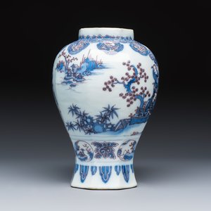 A blue, white and manganese Dutch Delft octagonal chinoiserie baluster vase in Transitional style — photo 5