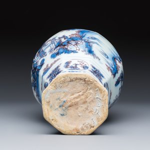 A blue, white and manganese Dutch Delft octagonal chinoiserie baluster vase in Transitional style — photo 7