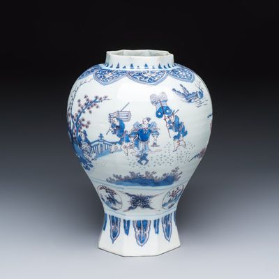 A blue, white and manganese Dutch Delft octagonal chinoiserie baluster vase, 17th C.