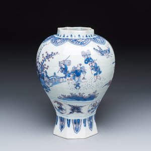 A blue, white and manganese Dutch Delft octagonal chinoiserie baluster vase — photo 1