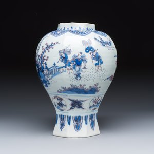 A blue, white and manganese Dutch Delft octagonal chinoiserie baluster vase — photo 3