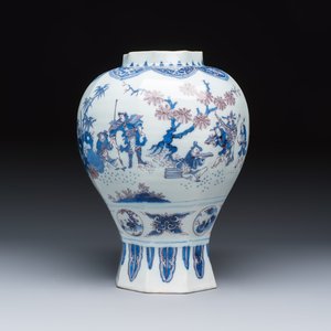 A blue, white and manganese Dutch Delft octagonal chinoiserie baluster vase — photo 5