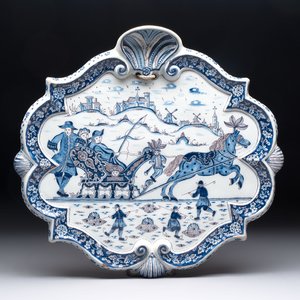 A blue, white and manganese Dutch Delft plaque with a winter scene, 18th C. — 照片 1