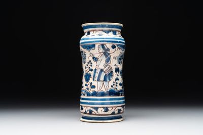 A blue, white and manganese Portuguese faience albarello, 17th C.