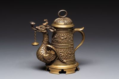A brass griffin-form aquamanile, Germany, 19th C.