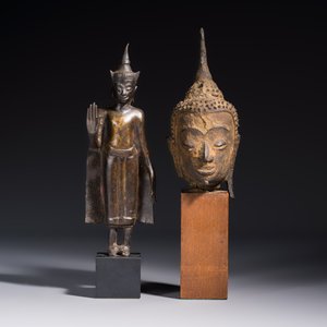 A bronze standing Buddha, a torso of Buddha and four heads of Buddha, Thailand, 17/18th C. — photo 2