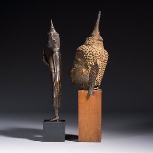 A bronze standing Buddha, a torso of Buddha and four heads of Buddha, Thailand, 17/18th C. — photo 3