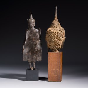 A bronze standing Buddha, a torso of Buddha and four heads of Buddha, Thailand, 17/18th C. — photo 4