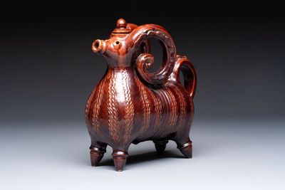A brown-glazed stoneware ewer and cover in the shape of a ram, impressed mark, Opishne, Ukraine, early 20th C.