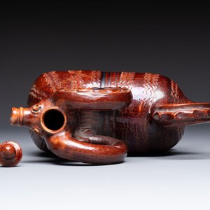 A brown-glazed stoneware ewer and cover in the shape of a ram, impressed mark, Opishne, Ukraine, early 20th C. — photo 6
