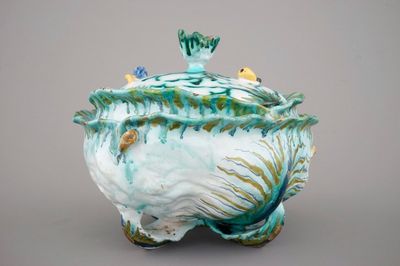 A Brussels faience cabbage shaped tureen and cover, 18th C.