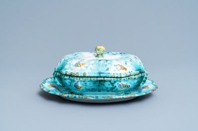 A Brussels faience tureen and cover on stand with butterflies and caterpillars, late 18th C.