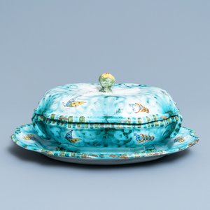A Brussels faience tureen and cover on stand with butterflies and caterpillars, late 18th C. — 照片 1