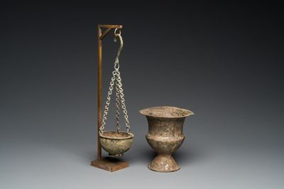 A Byzantine or Roman bronze vase and a hanging incense burner, 5/7th C.