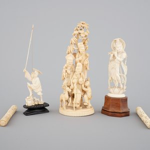 A carved Chinese ivory group of 3 Immortals, a fisherman and two needle cases, with an Indian carved ivory goddess, 19th C. — photo 1