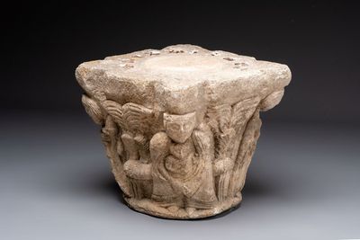 A carved figurative sandstone capital, France or Spain, possibly 14th C.