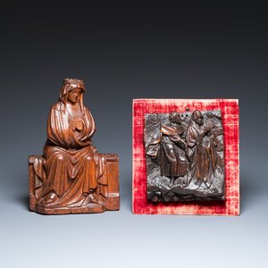 A carved oak figure of a seated Mary and a panel with Saint John the Baptist and Mary, Flanders and/or Northern France, 15/16th C. — photo 1