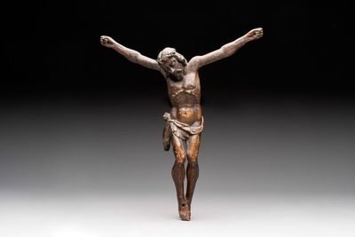 A carved wooden Corpus Christi with traces of polychromy, Spain, 16/17th C.