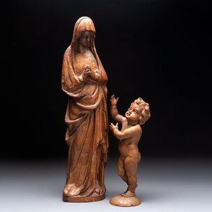 A carved wooden figure of the Virgin Mary and an oak figure of the Christ Child, France and Low Countries, 19th C. — 照片 1