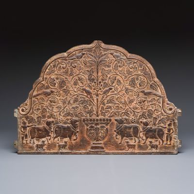 A carved wooden panel with animals and figures among a fruiting tree, Possibly India, 19th C.
