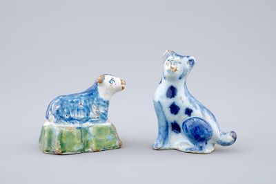 A cat and a sheep in polychrome Dutch Delftware, 18th C.