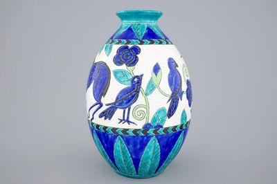 A Charles Catteau crackle glazed vase with birds for Boch Kéramis, 1st half 20th C.