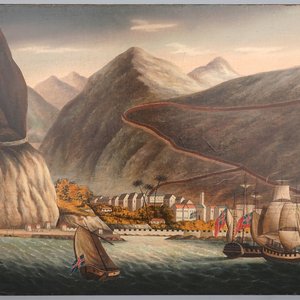 A China trade painting depicting British merchant ships near a harbour, the Great Wall in the back, 19th C. — photo 1