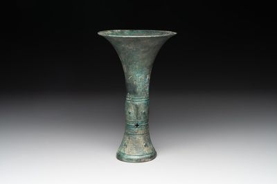 A Chinese archaic bronze ritual wine vessel, 'gu 觚', Shang