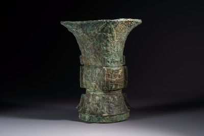 A Chinese archaic bronze ritual wine vessel with Taotie design, 'Zun 尊', Shang