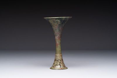 A Chinese archaic bronze wine vessel, 'gu 觚', early Shang