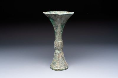 A Chinese archaic bronze wine vessel, Gu 觚, Shang