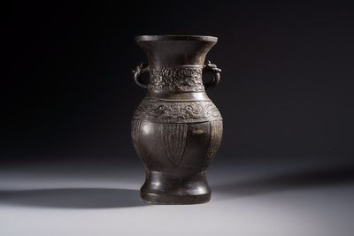 A Chinese archaistic bronze vase, 'Hu 壺', Ming