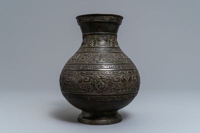 A Chinese archaistic bronze vase, 'hu', Ming