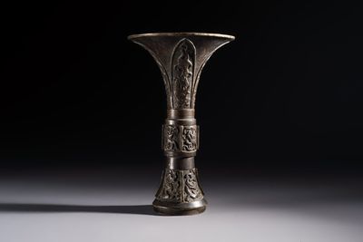 A Chinese archaistic bronze vase with Chilong design, 'Gu 觚', Ming