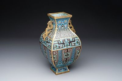 A Chinese archaistic cloisonné square vase, Qianlong and Ren mark, 19/20th C.