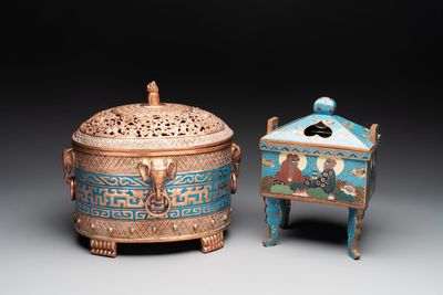 A Chinese archaistic enamelled copper 'elephant' censer with cover and a cloisonné 'Luohan' censer with cover, 20th C.