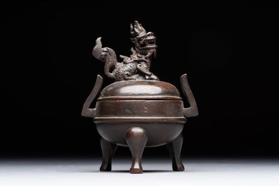 A Chinese archaistic miniature bronze 'qilin' tripod censer and cover, 'ding 鼎', Yuan/Ming
