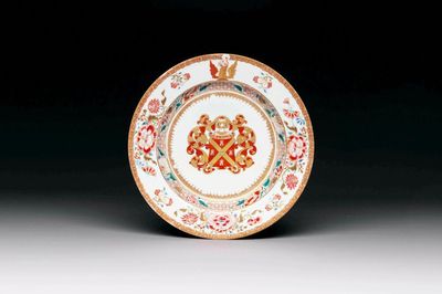 A Chinese armorial export famille rose plate with the arms of Neufville for the Dutch market, Yongzheng