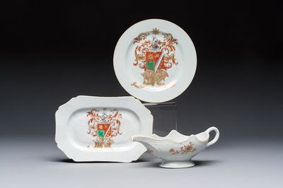 A Chinese armorial plate, a serving dish and a sauce boat with the arms of de Heere for the Dutch market, Qianlong, ca. 1735-1765