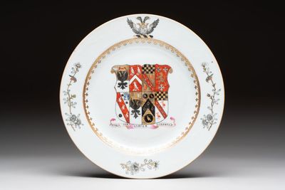 A Chinese armorial plate with the arms of Bouverie quartering Urry and Clarke impaling Pleydell for the English market, Qianlong, ca. 1748