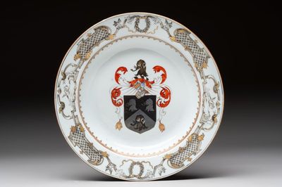 A Chinese armorial soup plate with the arms of Saunders for the English market, Qianlong, ca. 1745