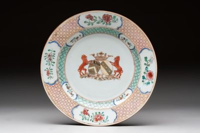A Chinese armorial soup plate with the coat of alliance of Boudaen Courten and Boudaert for the Dutch market, Yongzheng, ca. 1733-1735