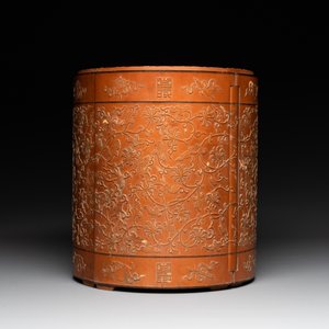 A Chinese bamboo veneered wooden cabinet of curiosities with flower scroll design, 18/19th C. — photo 5