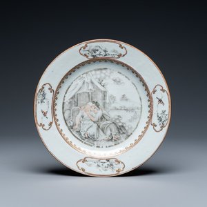 A Chinese biblical subject grisaille plate depicting Susanna and one of the elders, Qianlong — photo 1