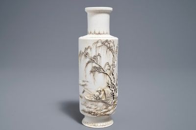 A Chinese biscuit-fired rouleau vase, Wan Bing Rong mark, 20th C.