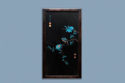 A Chinese black silk-ground panel with a kingfisher feather collage of a bird with pomegranates, 18/19th C.