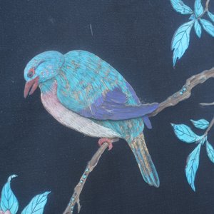A Chinese black silk-ground panel with a kingfisher feather collage of a bird with pomegranates, 18/19th C. — photo 13