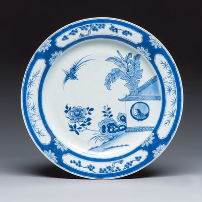 A Chinese blue and white 'Cuckoo in the House' dish, Qianlong