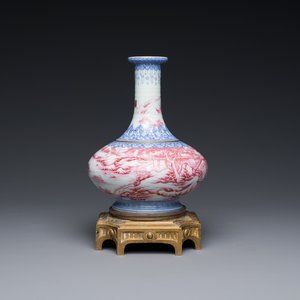 A Chinese blue-and-puce-enamelled bottle vase with a gilt bronze mount, 20th C. — photo 1