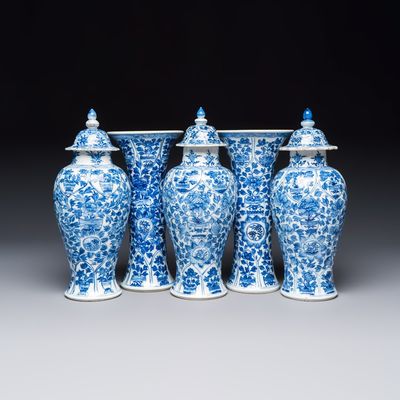 A Chinese blue and white five-piece garniture with floral design, Kangxi
